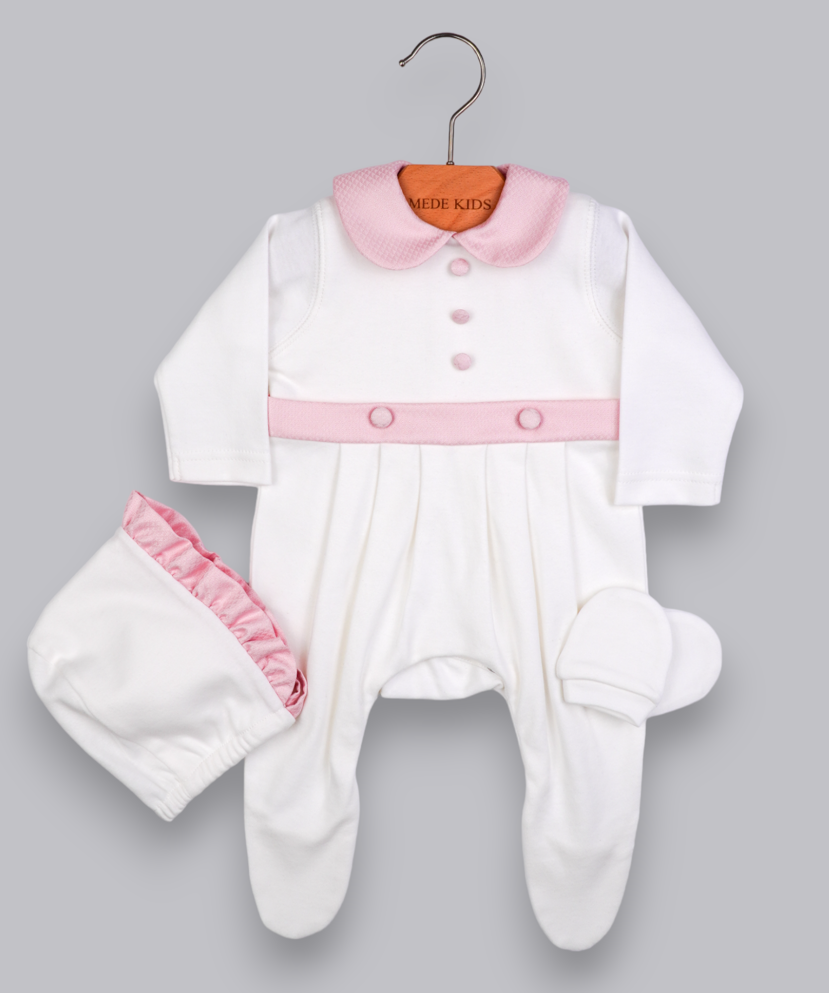 41021 BUTTONED HANDMADE EMBROIDERY NEWBORN OUTFIT 5-PCS SET PINK