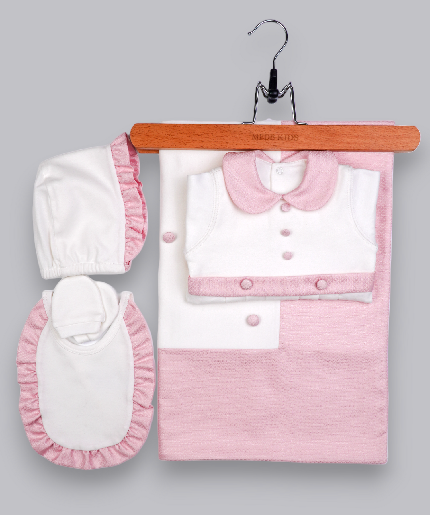 41021 BUTTONED HANDMADE EMBROIDERY NEWBORN OUTFIT 5-PCS SET PINK