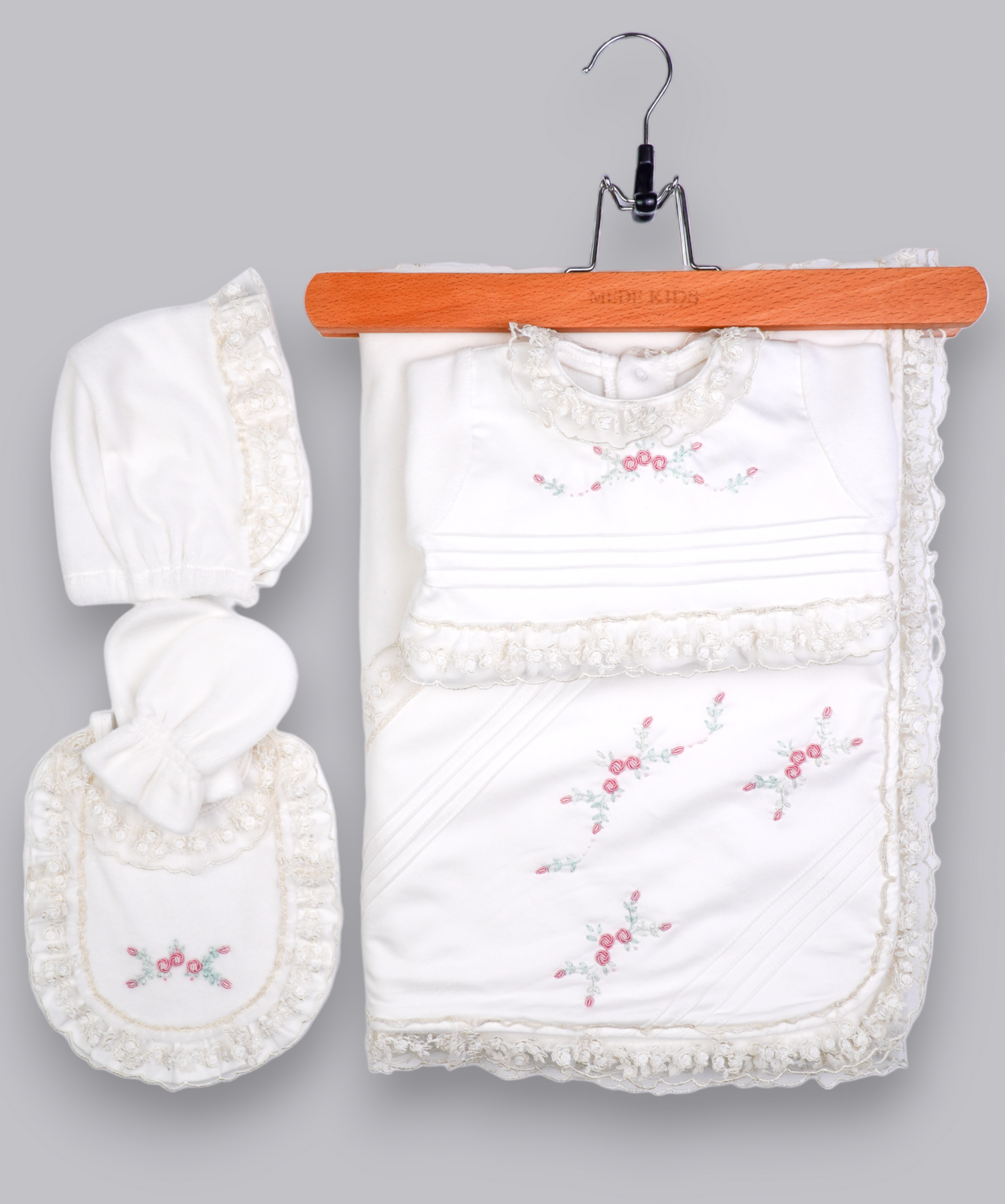 41015 VELVET ROSE CROWN HANDMADE EMBROIDERY NEWBORN OUTFIT 5-PCS SET