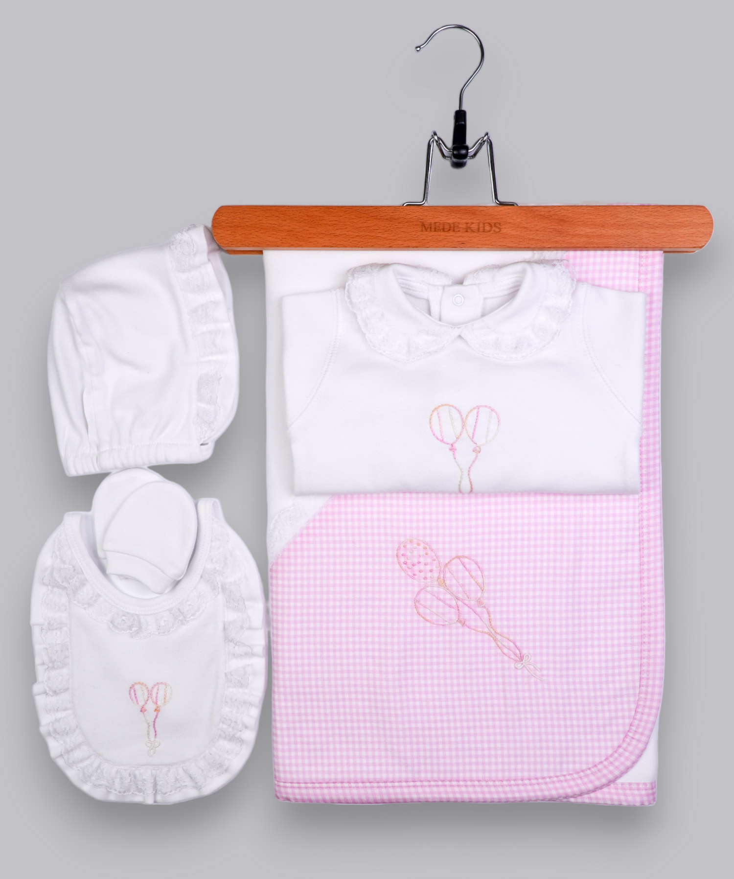 41016 BALLON HANDMADE EMBROIDERY NEWBORN OUTFIT 5-PCS SET PINK