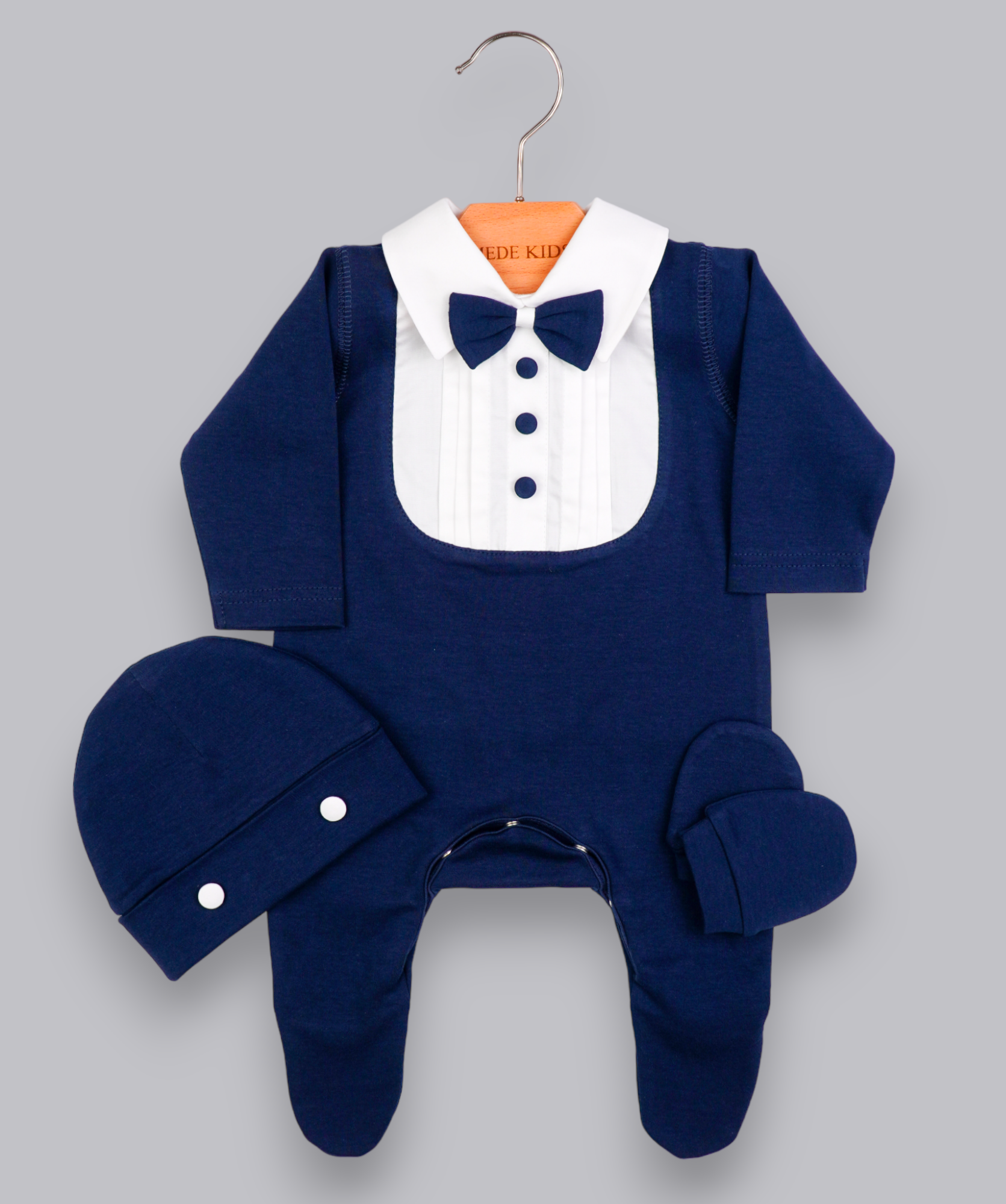 41019 BOW TIE HANDMADE EMBROIDERY NEWBORN OUTFIT 5-PCS SET NAVY BLUE