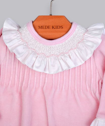 53002 VELVET PLITING COLLAR HANDMADE EMBROIDERY NEWBORN OUTFIT 5-PCS SET