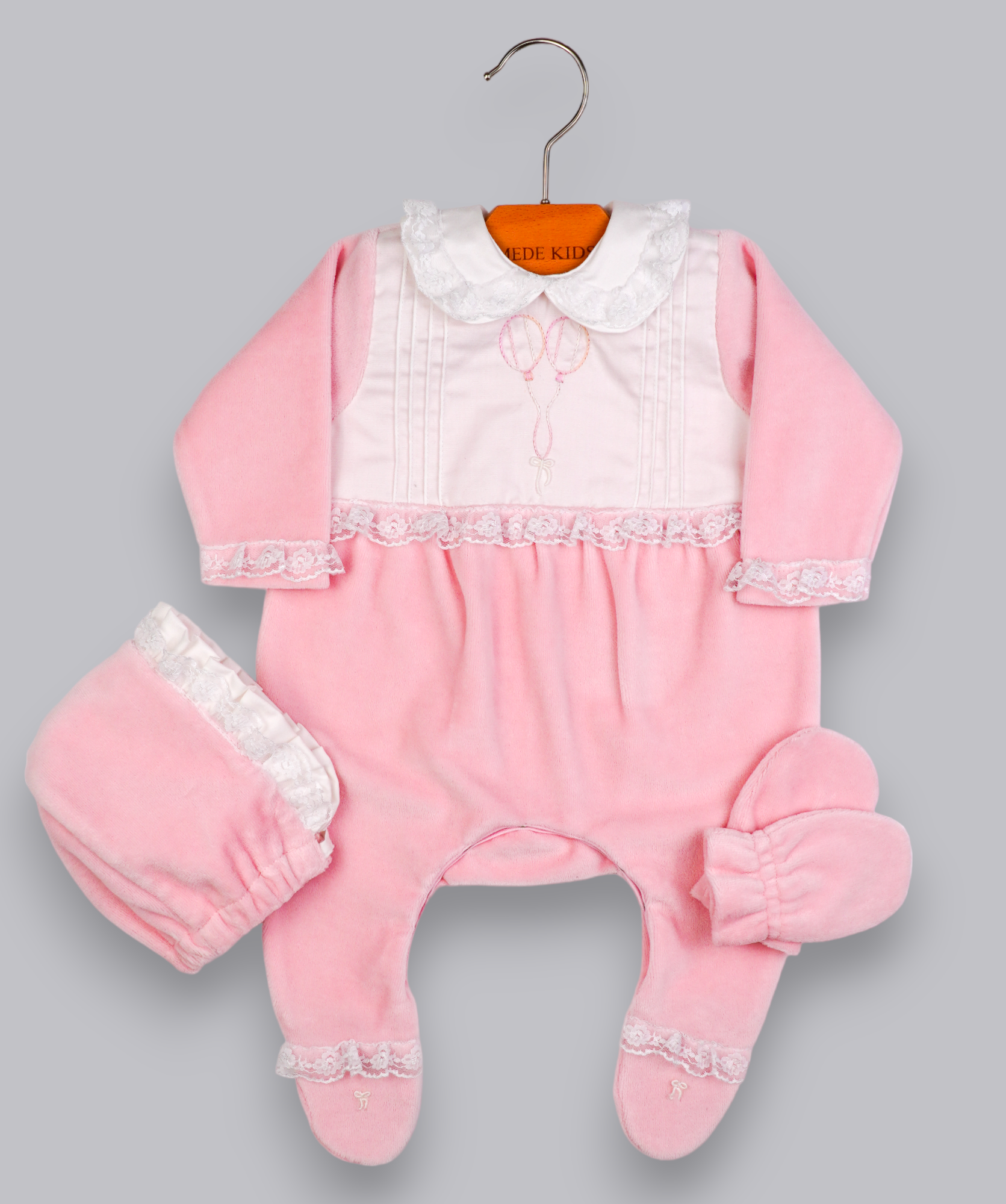 41016 VELVET BALLON HANDMADE EMBROIDERY NEWBORN OUTFIT 5-PCS SET PINK