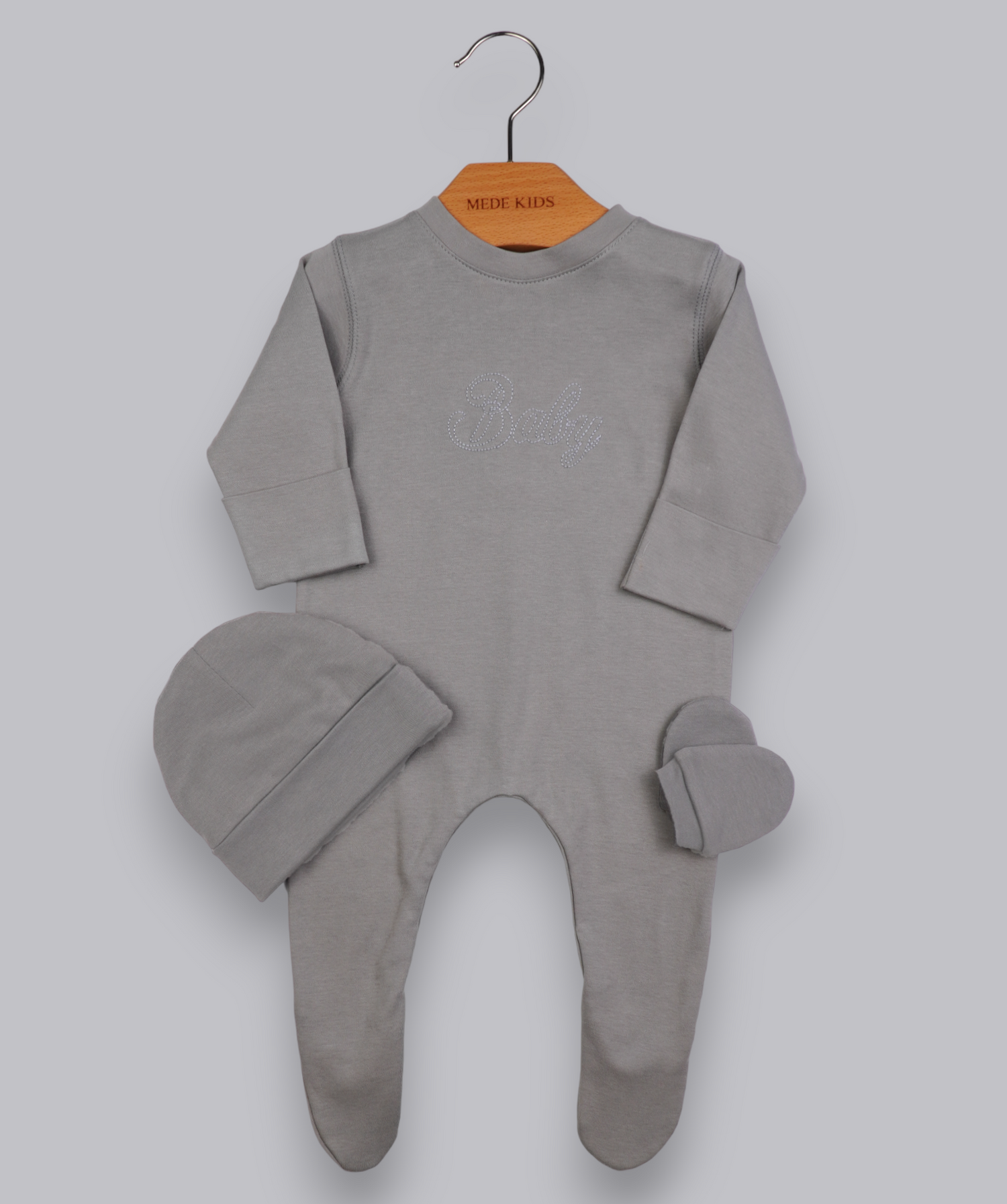 26022 BABY NAME HANDMADE EMBROIDERY FOOTIE 3-PCS SET GREY