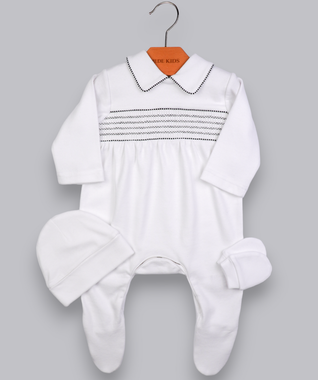 26023 PLITING HANDMADE EMBROIDERY FOOTIE 3-PCS SET WHITE