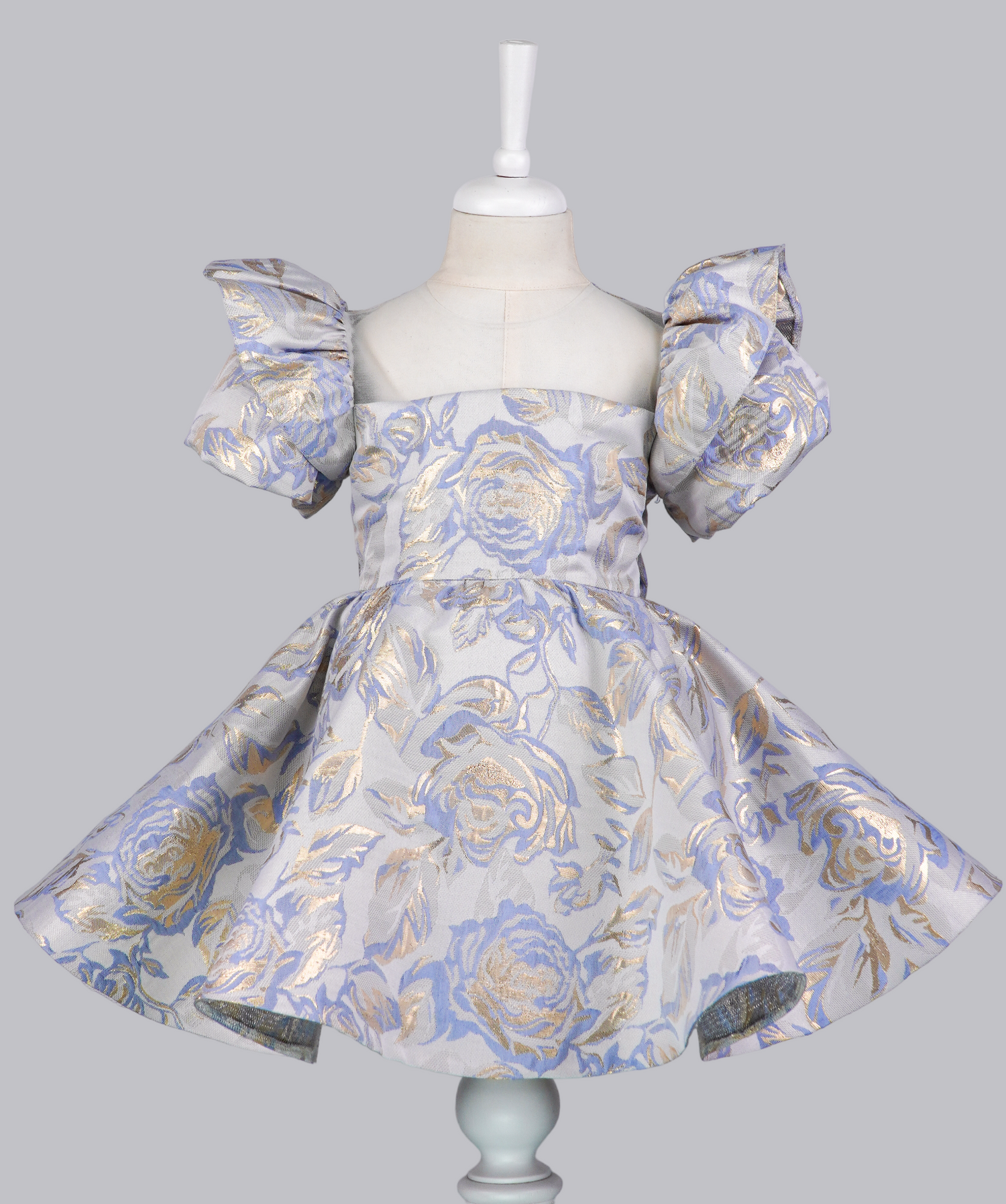 04113 GOLDEN BLUE ROSES HANDMADE BABY GIRL DRESS