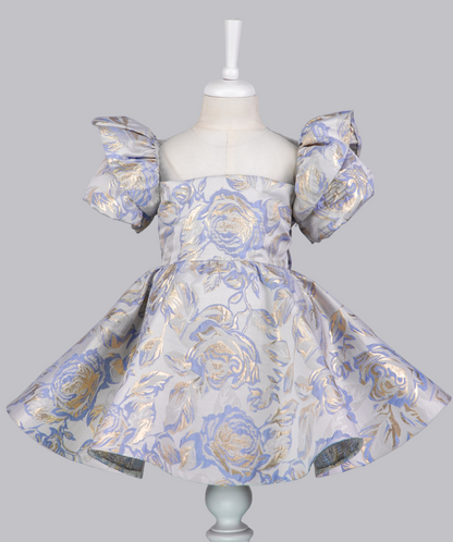 04113 GOLDEN BLUE ROSES HANDMADE BABY GIRL DRESS