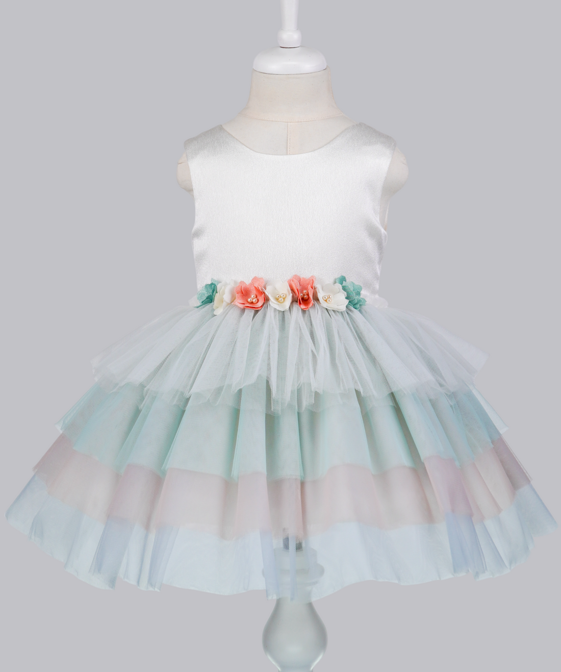 04097 COLORFUL ROSES WITH PEARLS AND TULLE HANDMADE BABY GIRL DRESS