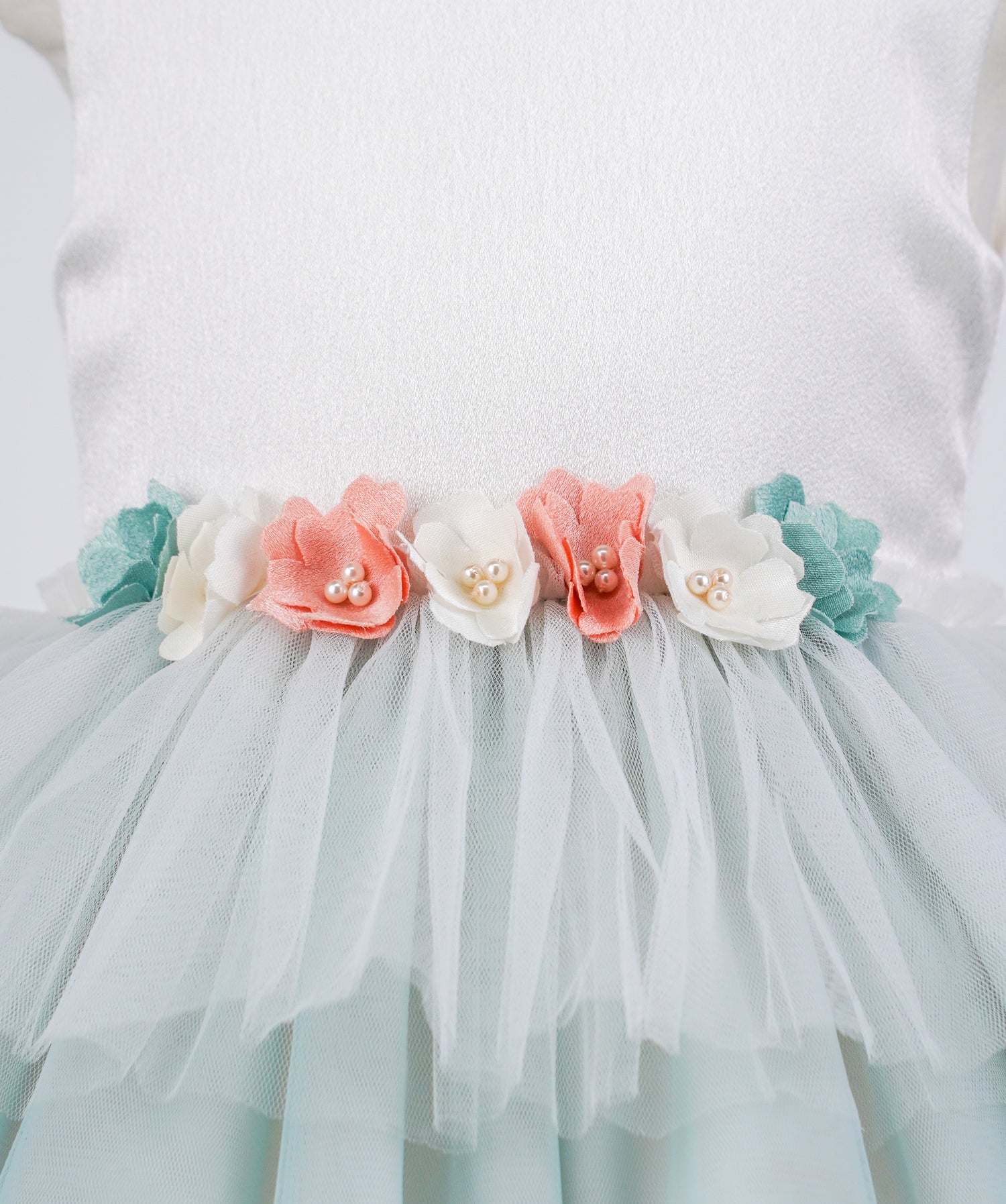 04097 COLORFUL ROSES WITH PEARLS AND TULLE HANDMADE BABY GIRL DRESS