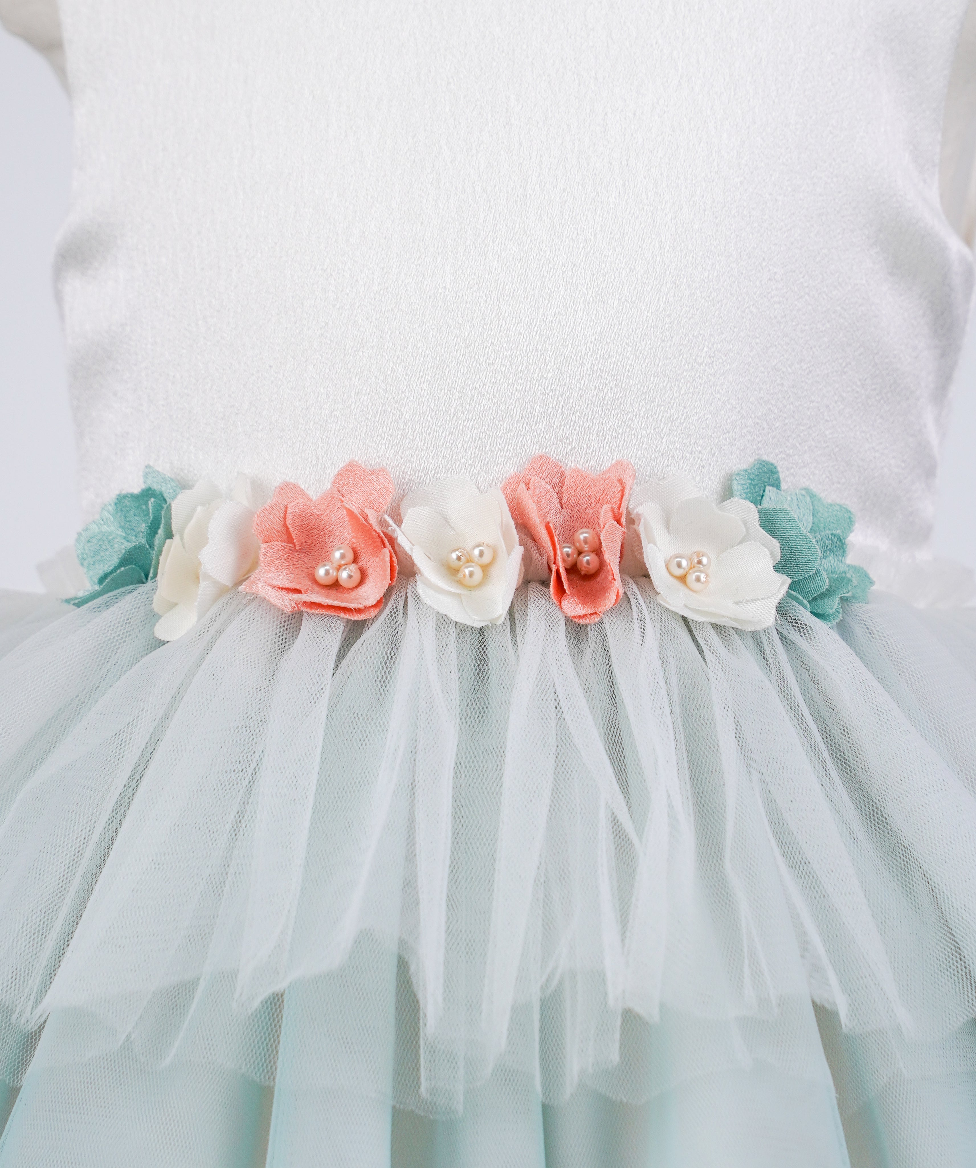 04097 COLORFUL ROSES WITH PEARLS AND TULLE HANDMADE BABY GIRL DRESS