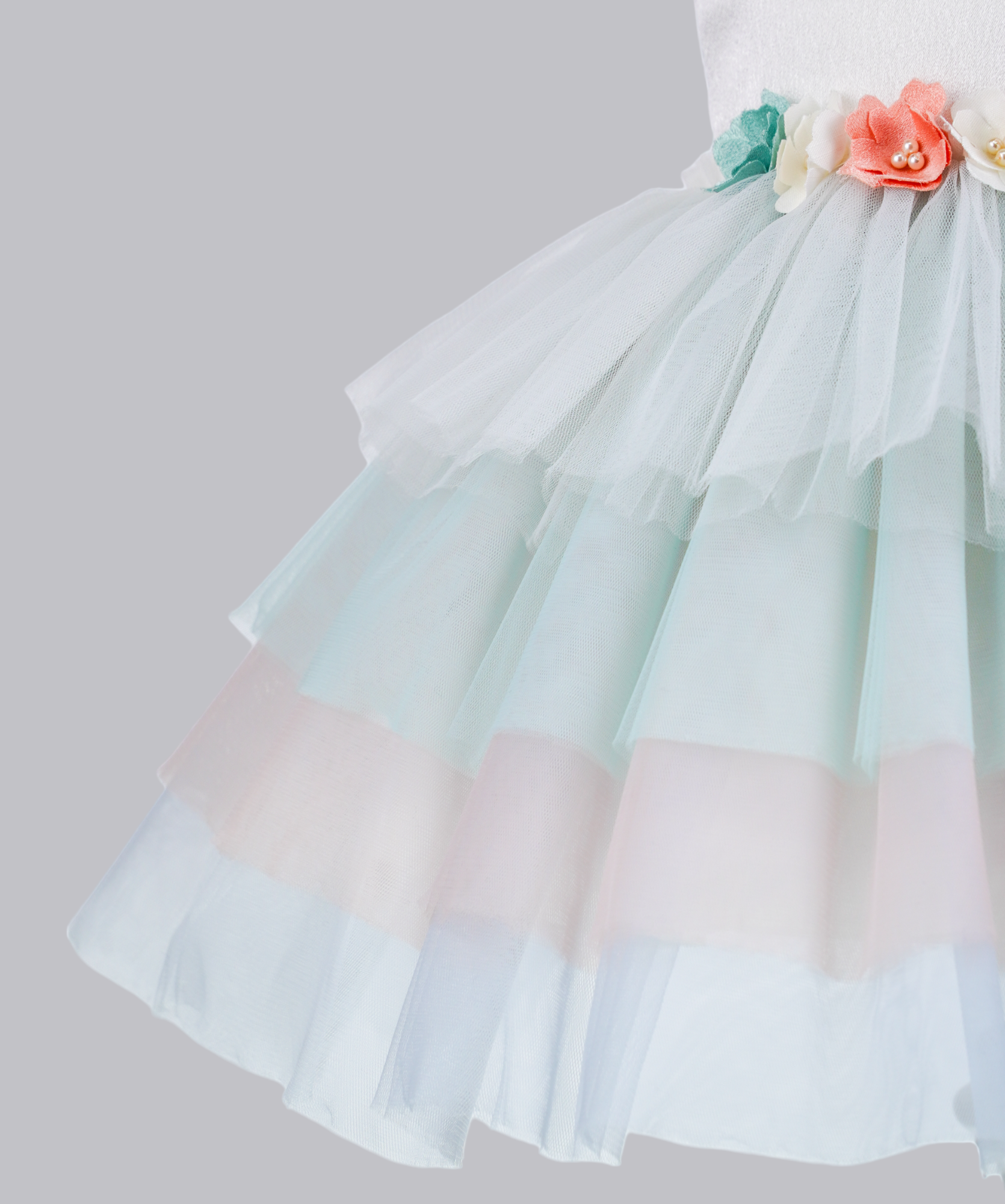 04097 COLORFUL ROSES WITH PEARLS AND TULLE HANDMADE BABY GIRL DRESS