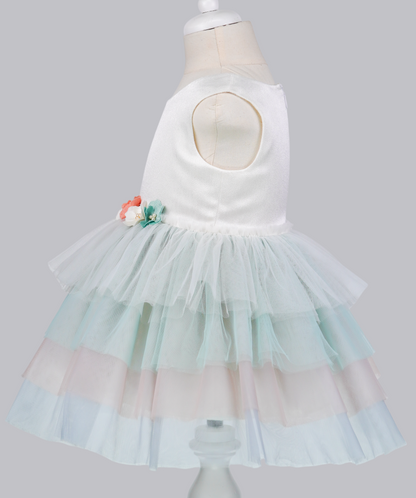 04097 COLORFUL ROSES WITH PEARLS AND TULLE HANDMADE BABY GIRL DRESS