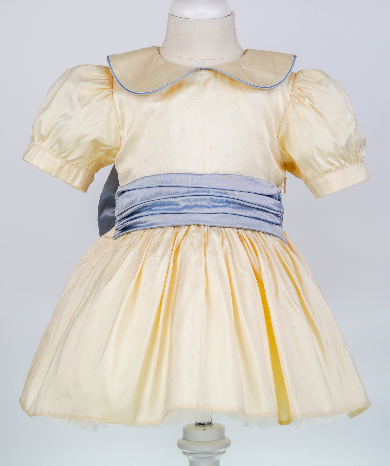 04130 LUXURY PLUFFY GOLDEN BLUE SILK HANDMADE BABY GIRL DRESS