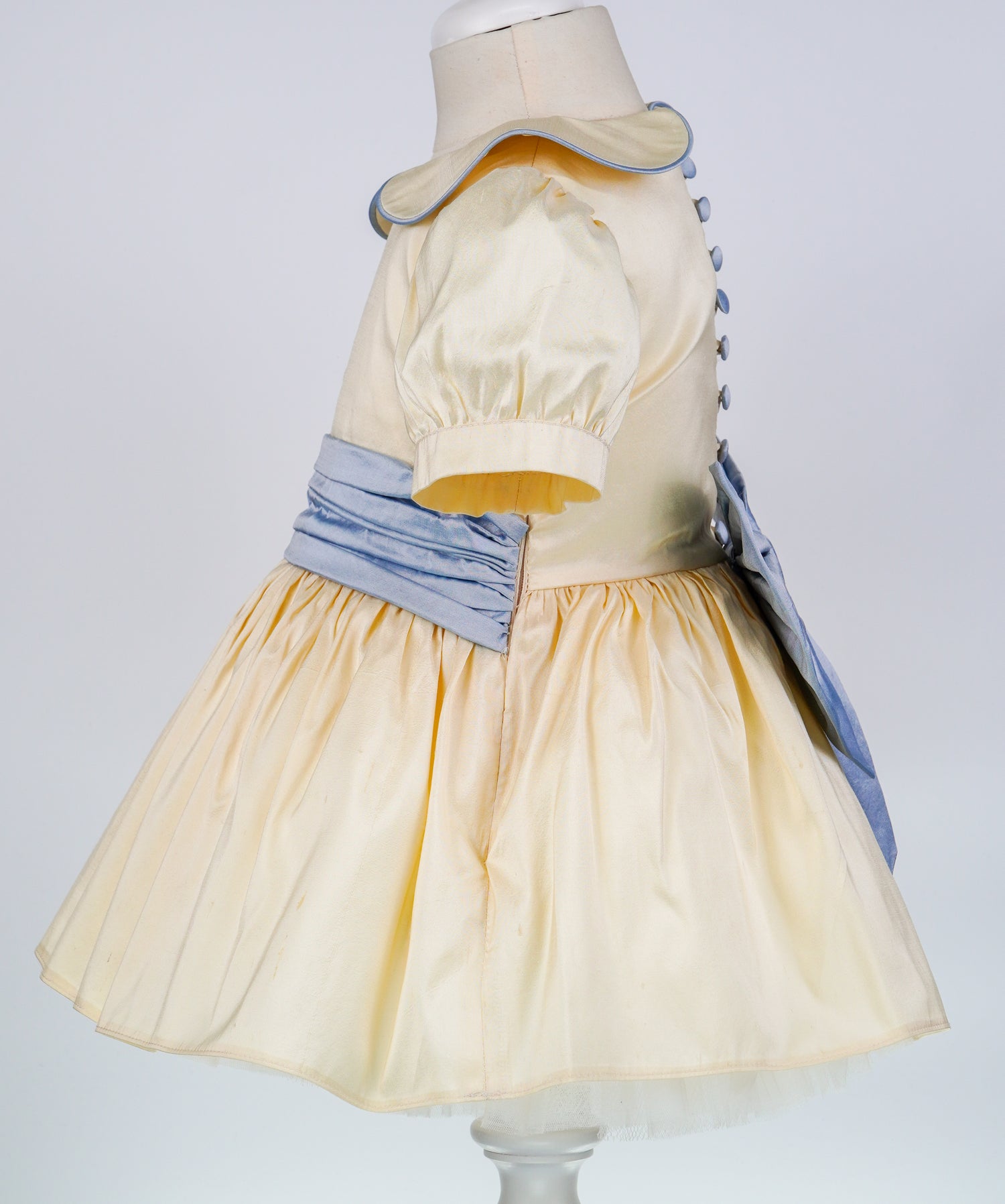 04130 LUXURY PLUFFY GOLDEN BLUE SILK HANDMADE BABY GIRL DRESS