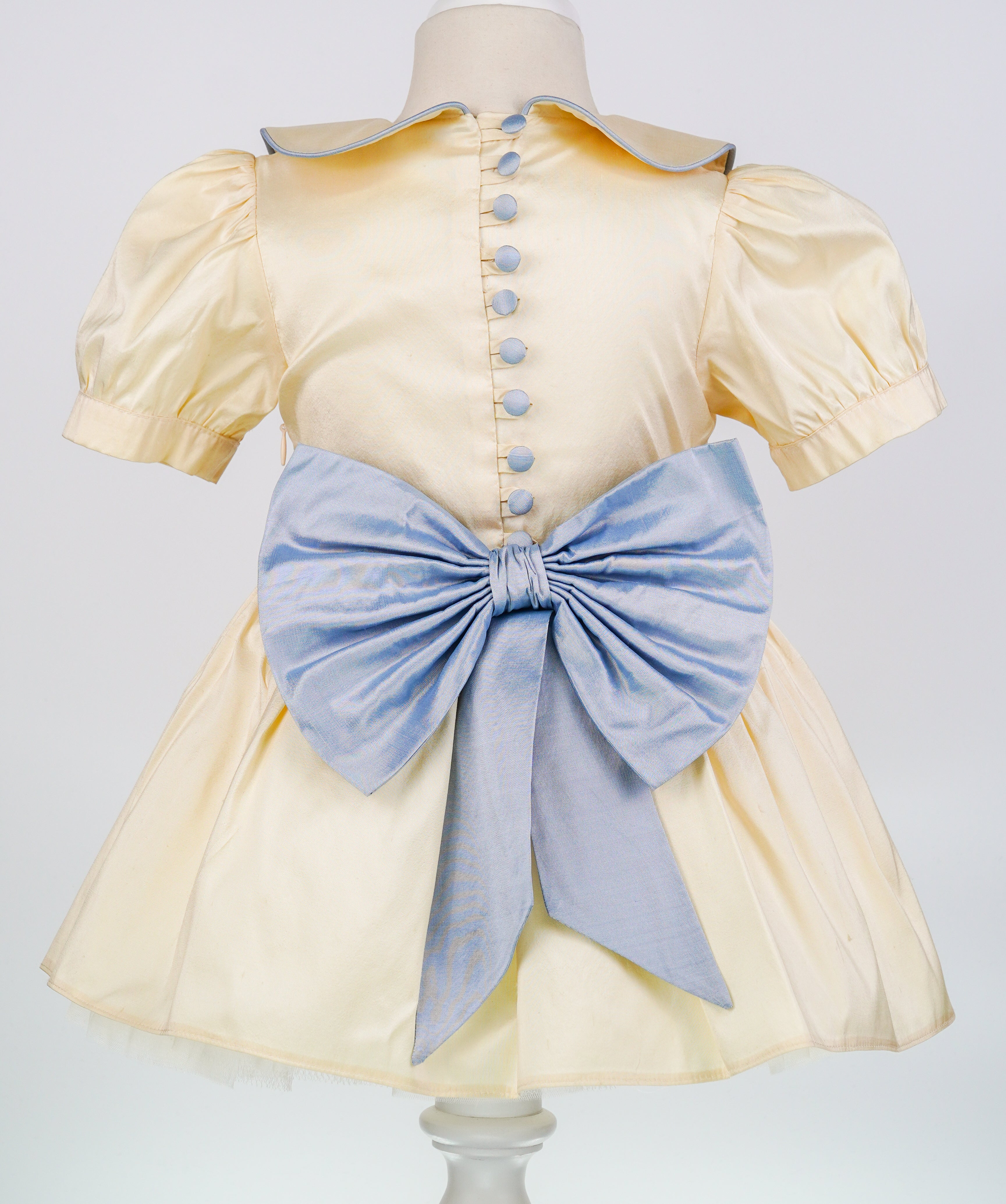 04130 LUXURY PLUFFY GOLDEN BLUE SILK HANDMADE BABY GIRL DRESS