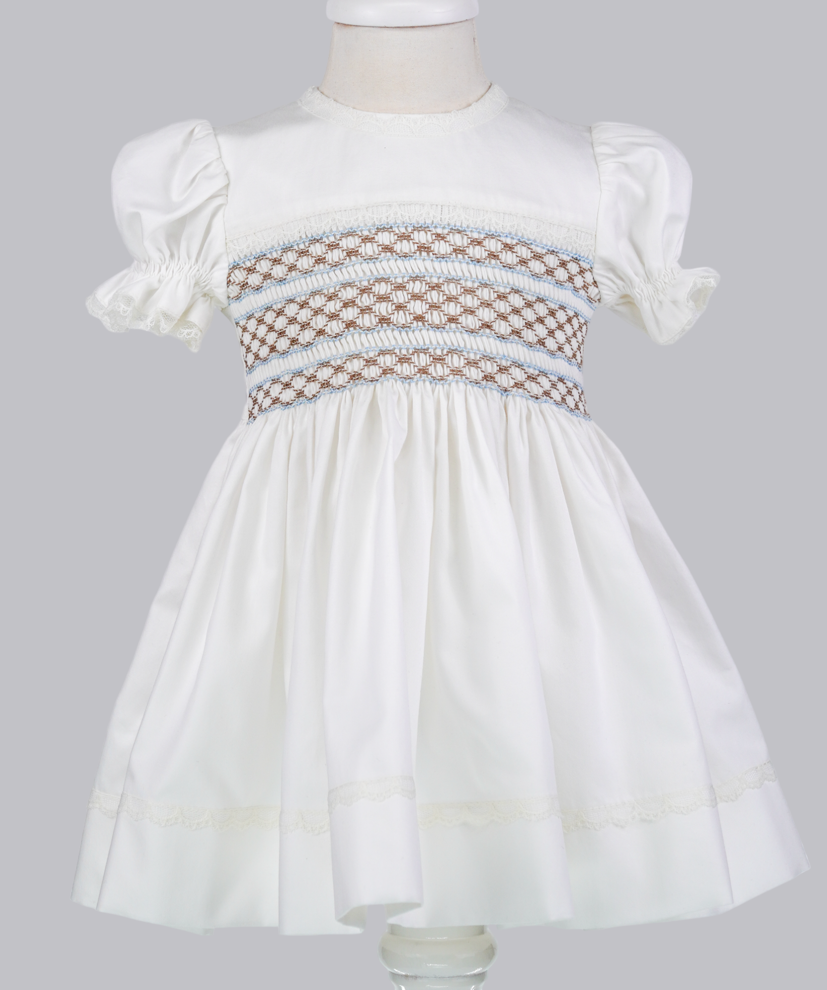 04124 BROWN BLUE MIXED EMBROIDERY PLITTING BABY GIRL DRESS