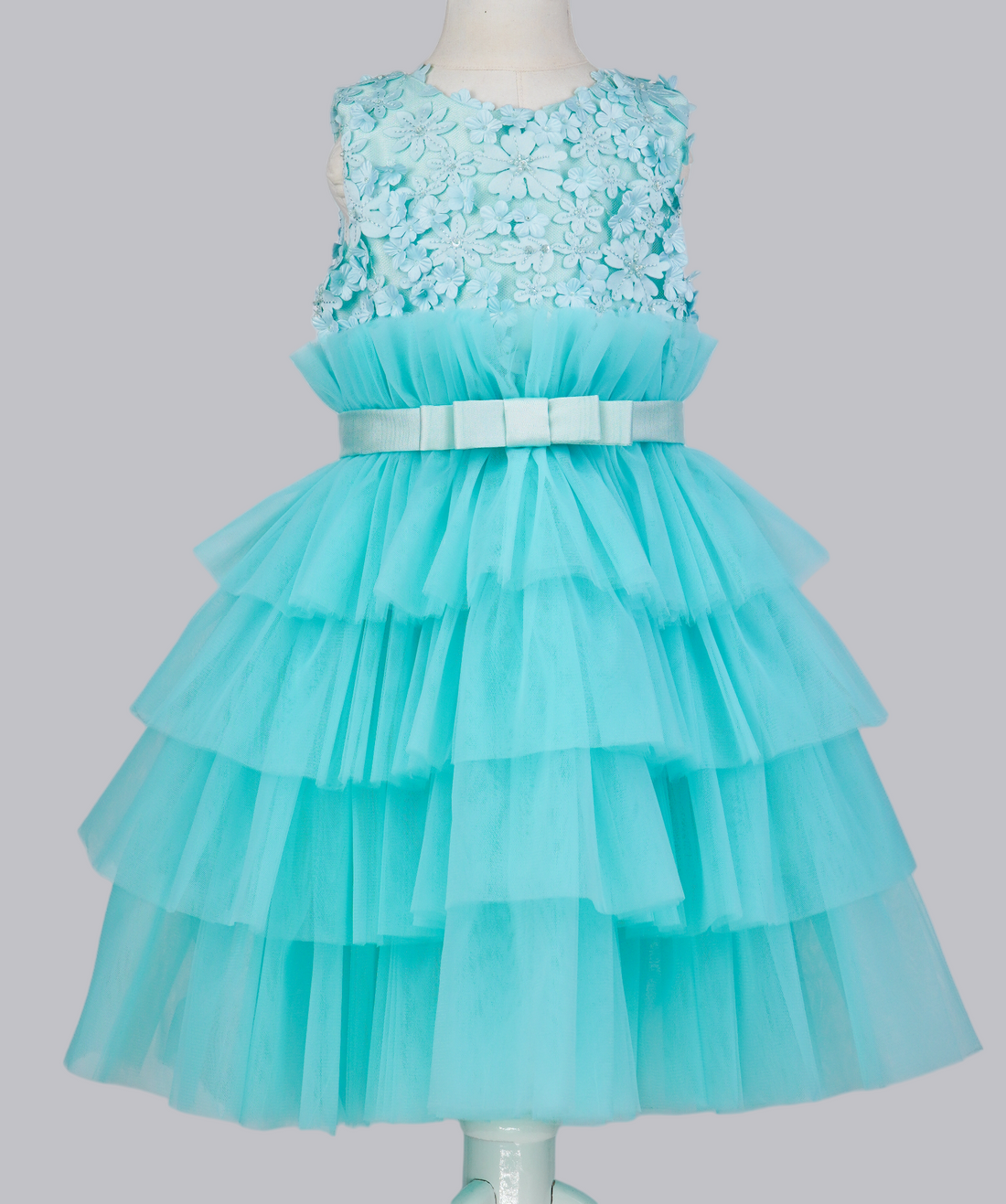 04137 FLOWERS TULLE WITH PEARLS HANDMADE BABY GIRL DRESS-BLUE