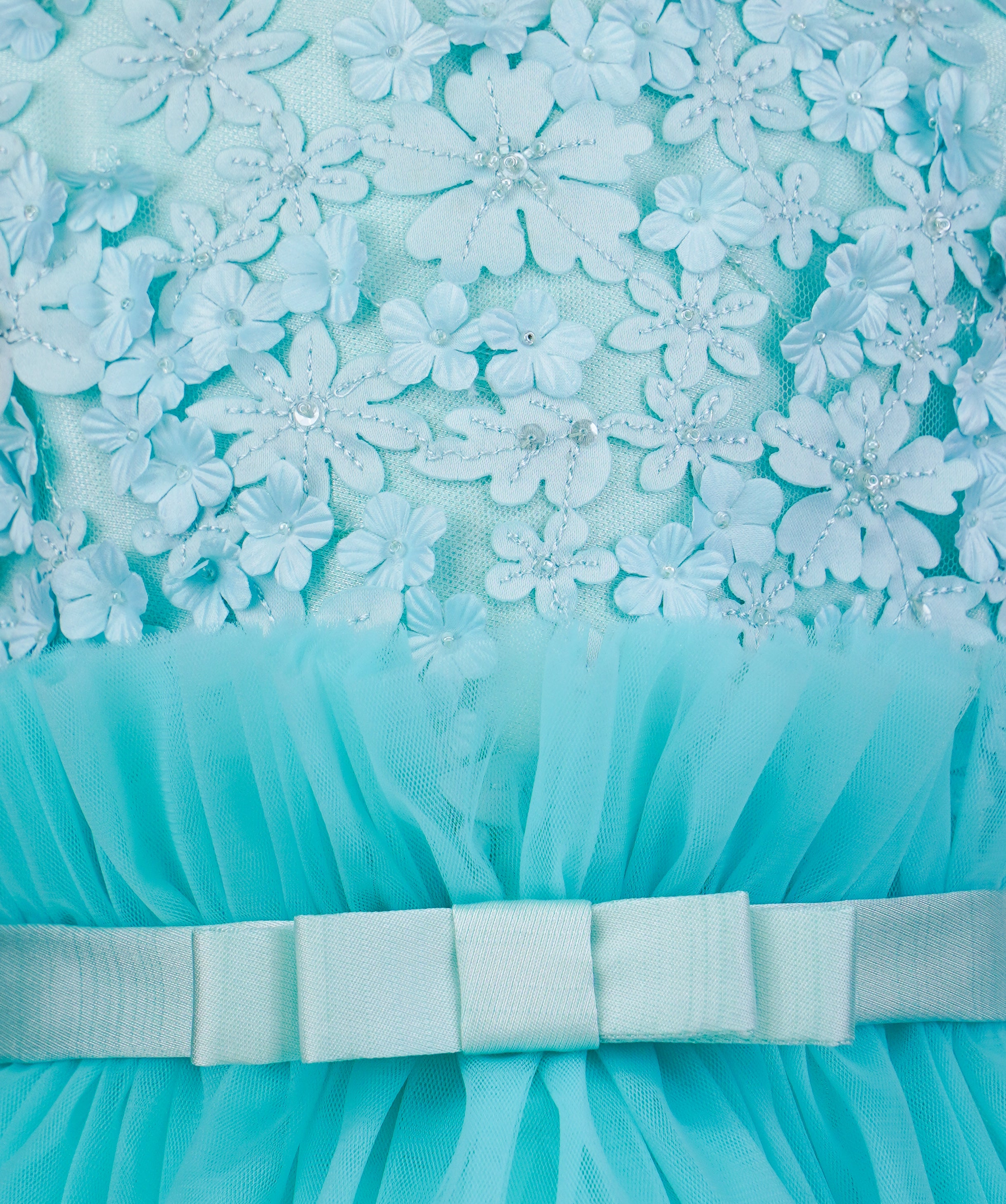 04137 FLOWERS TULLE WITH PEARLS HANDMADE BABY GIRL DRESS-BLUE