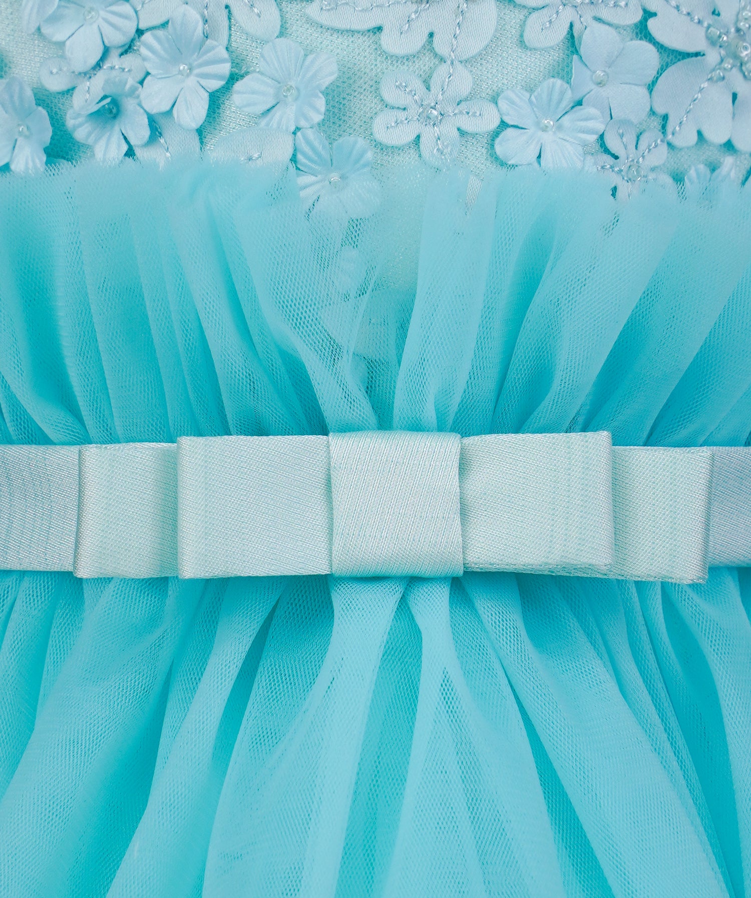 04137 FLOWERS TULLE WITH PEARLS HANDMADE BABY GIRL DRESS-BLUE