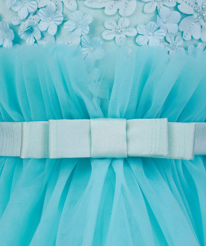 04137 FLOWERS TULLE WITH PEARLS HANDMADE BABY GIRL DRESS-BLUE