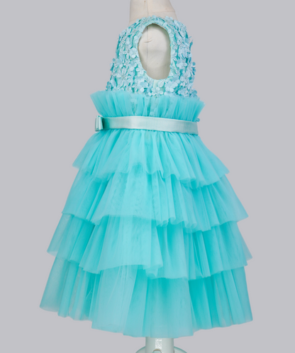 04137 FLOWERS TULLE WITH PEARLS HANDMADE BABY GIRL DRESS-BLUE