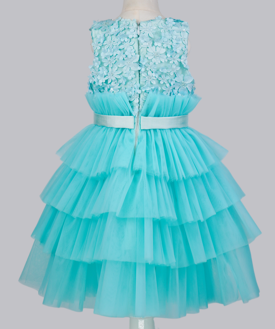 04137 FLOWERS TULLE WITH PEARLS HANDMADE BABY GIRL DRESS-BLUE