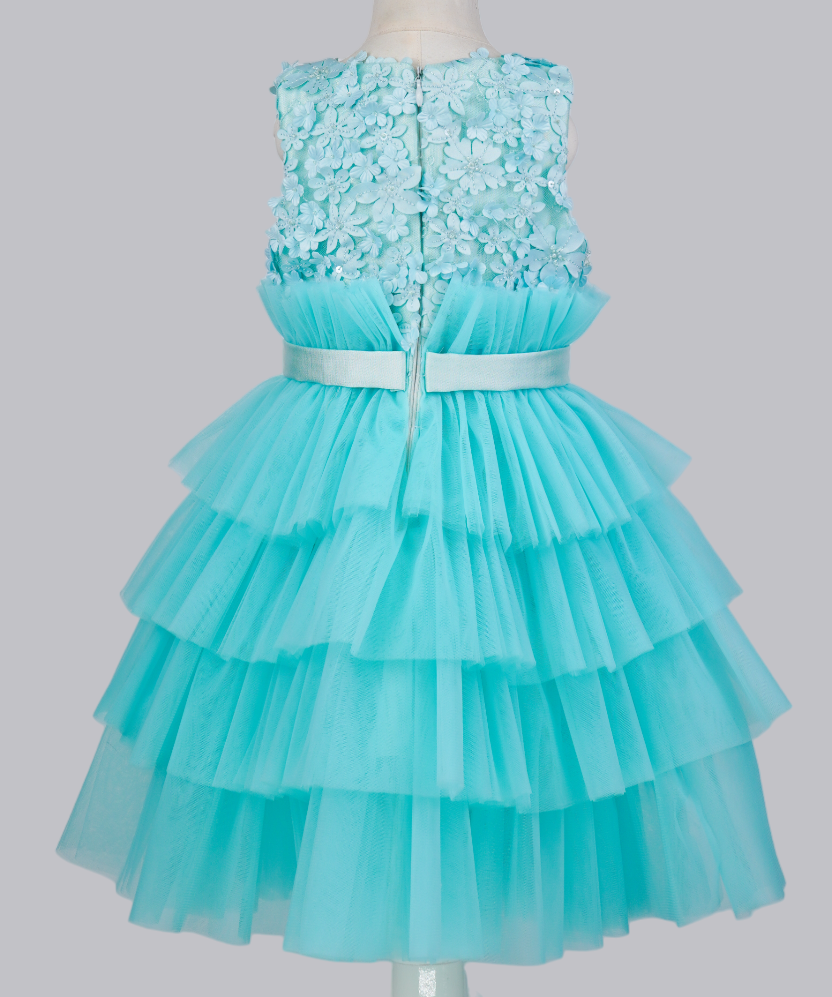 04137 FLOWERS TULLE WITH PEARLS HANDMADE BABY GIRL DRESS-BLUE