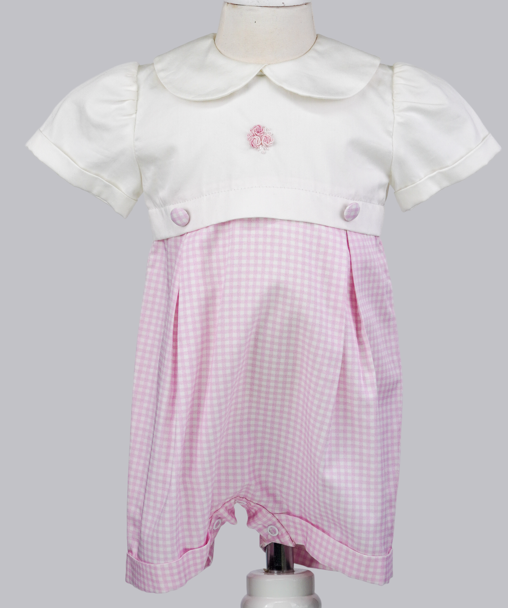 05049 HANDMADE CLASSIC ROMPER PINK WITH ROSE EMBROIDERY