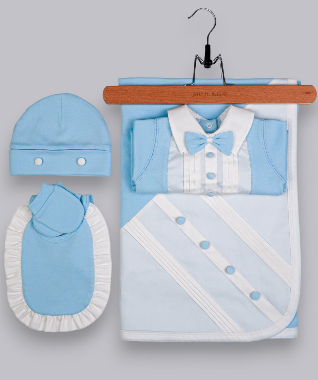 41019 BOW TIE HANDMADE EMBROIDERY NEWBORN OUTFIT 5-PCS SET LIGHT BLUE