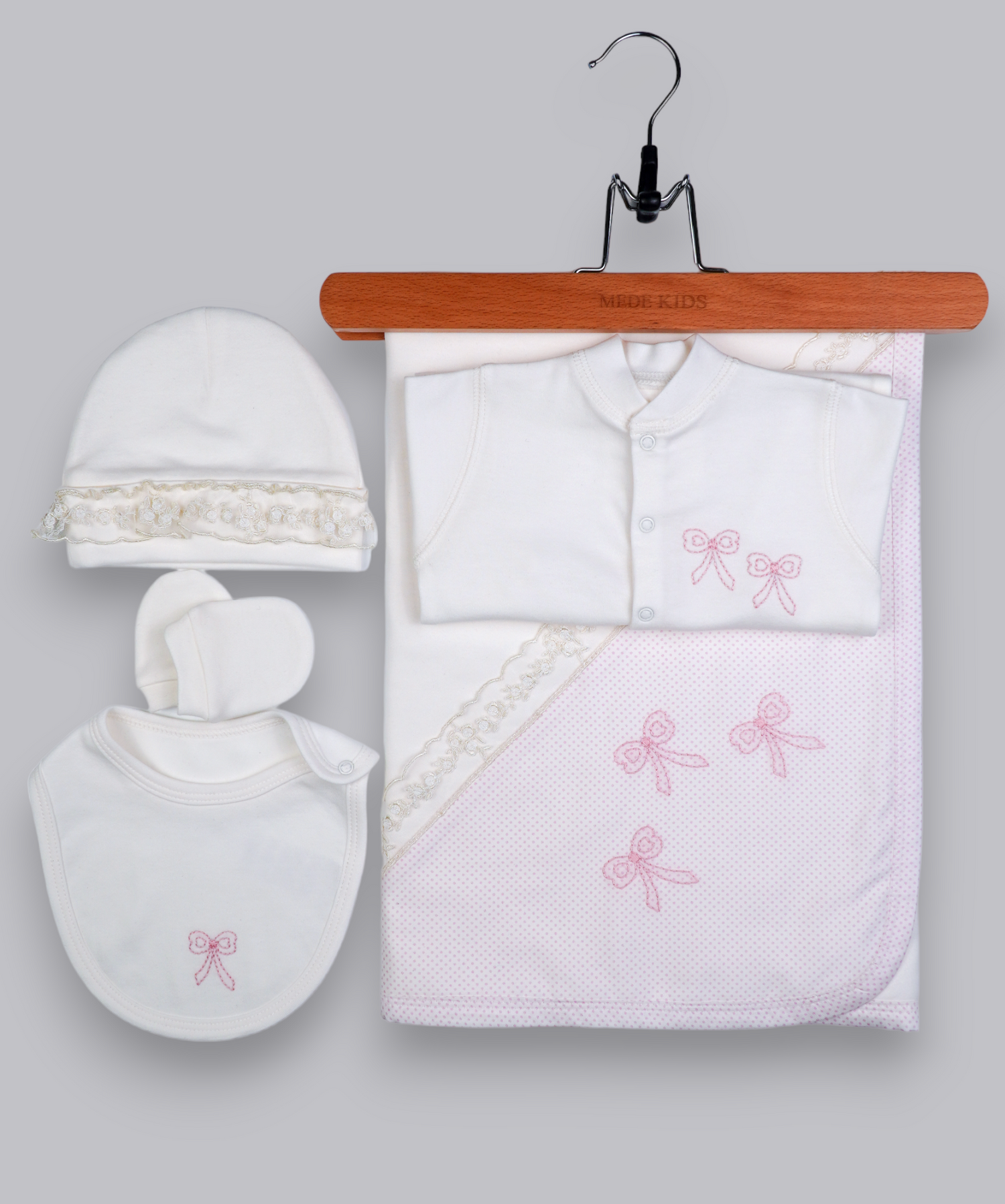 41023 RIBBON HANDMADE EMBROIDERY NEWBORN OUTFIT 5-PCS SET PINK