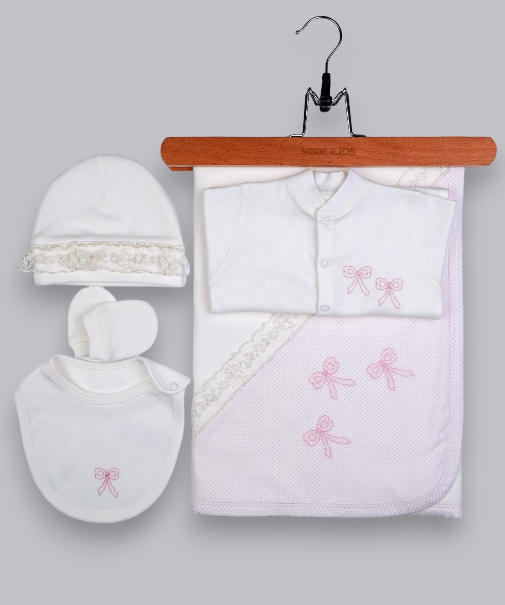 41023 RIBBON HANDMADE EMBROIDERY NEWBORN OUTFIT 5-PCS SET PINK